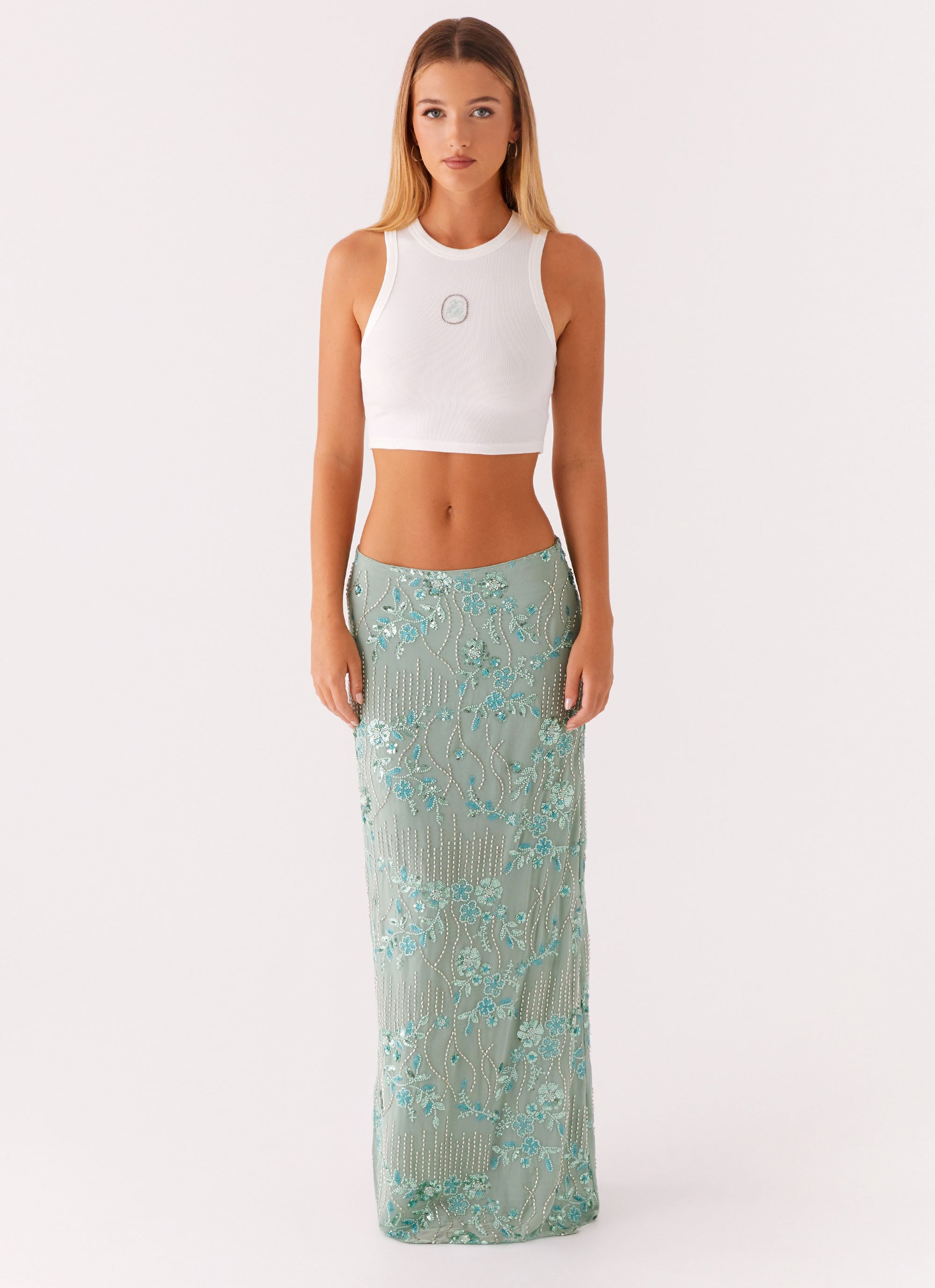Corinna Low Rise Sequin Maxi Skirt - Mint – Peppermayo US
