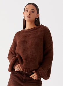 Womens Costella Knit Sweater in the colour Brown in front of a light grey background