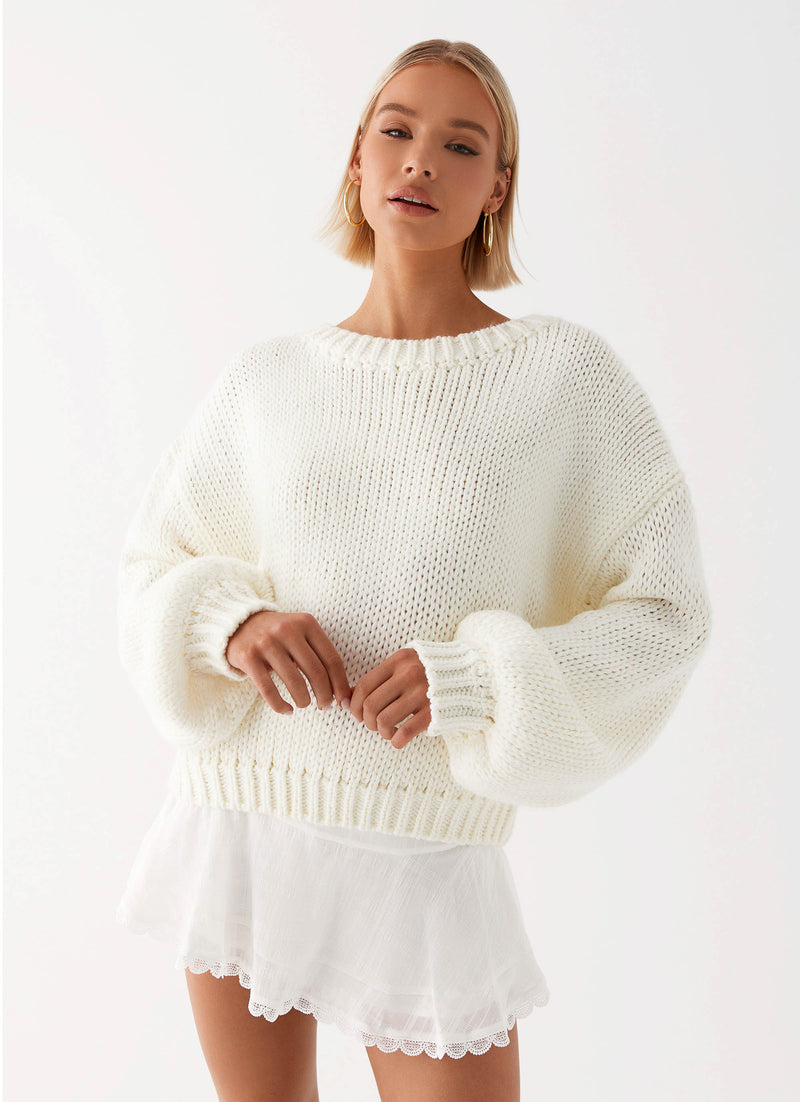Womens Costella Knit Sweater in the colour Ivory in front of a light grey background