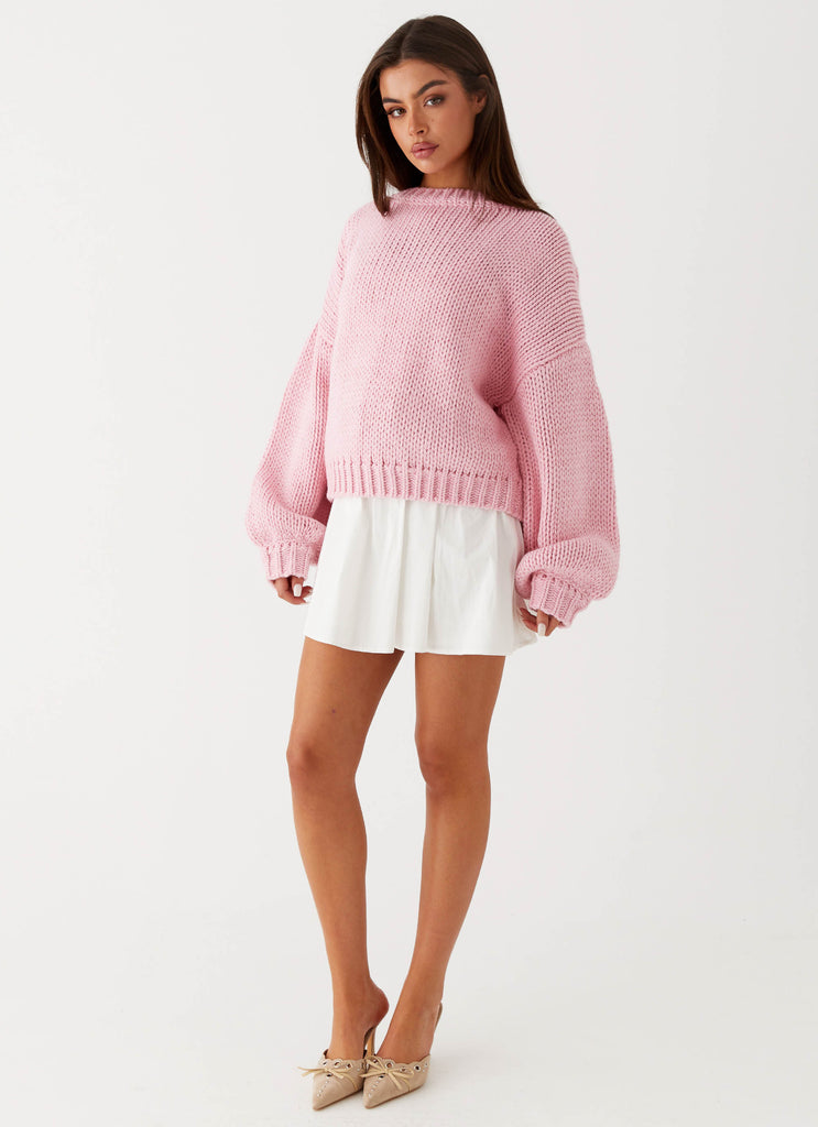 Womens Costella Knit Sweater in the colour Pink in front of a light grey background