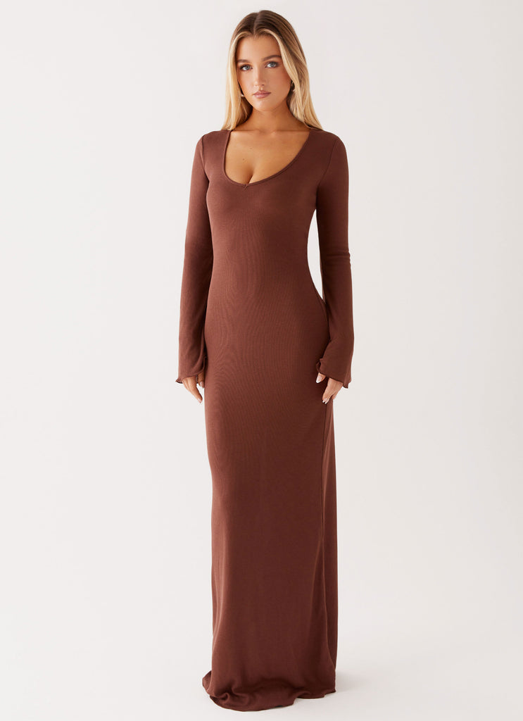 Womens Cosy Days Long Sleeve Maxi Dress in the colour Brown in front of a light grey background