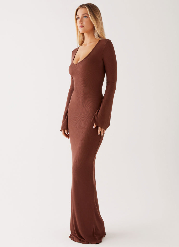 Womens Cosy Days Long Sleeve Maxi Dress in the colour Brown in front of a light grey background