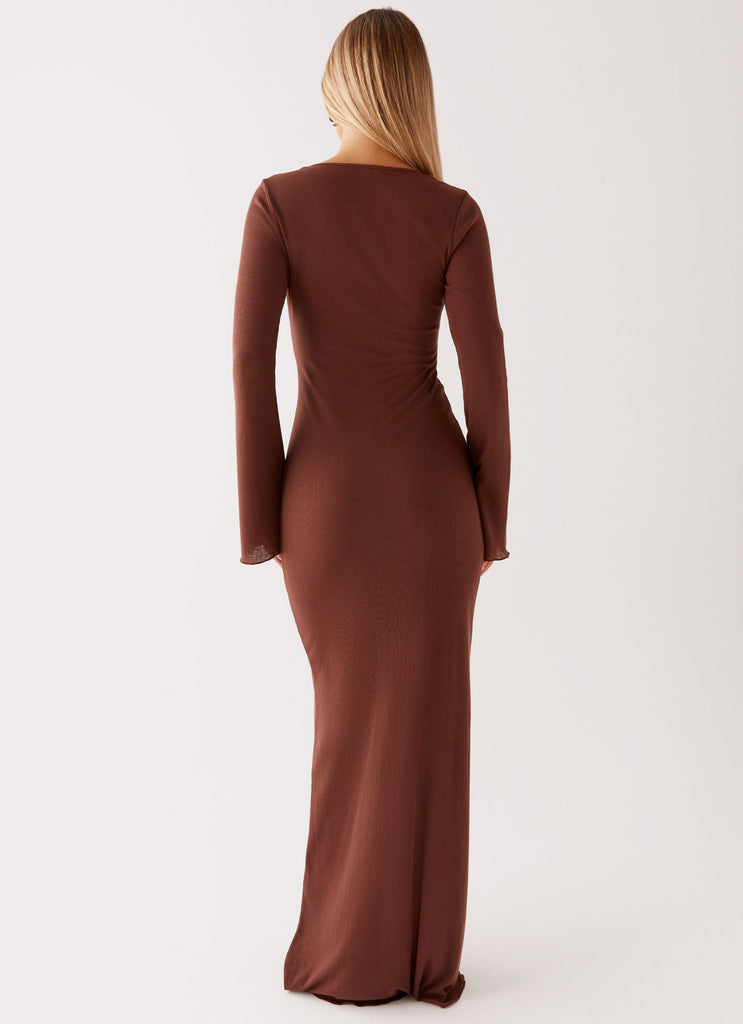 Womens Cosy Days Long Sleeve Maxi Dress in the colour Brown in front of a light grey background