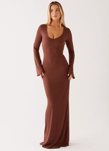 Womens Cosy Days Long Sleeve Maxi Dress in the colour Brown in front of a light grey background