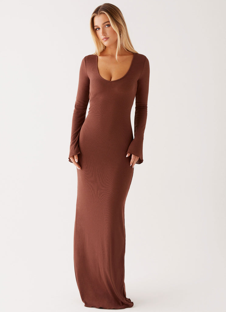 Womens Cosy Days Long Sleeve Maxi Dress in the colour Brown in front of a light grey background