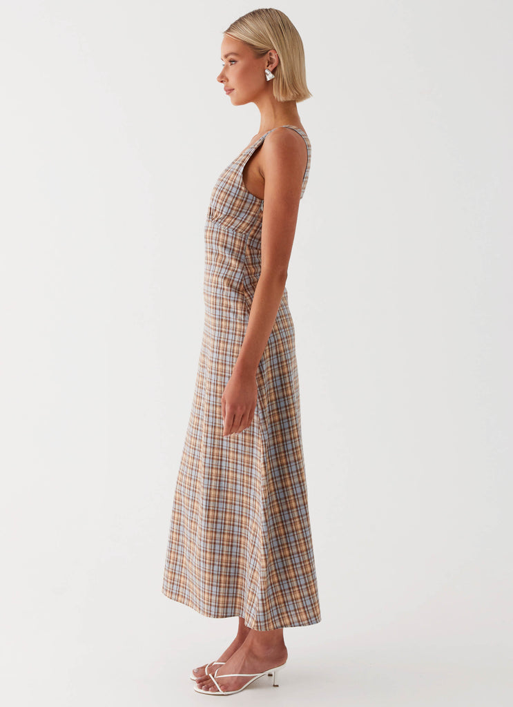 Womens Daphny Gathered Bust Midi Dress in the colour Check in front of a light grey background