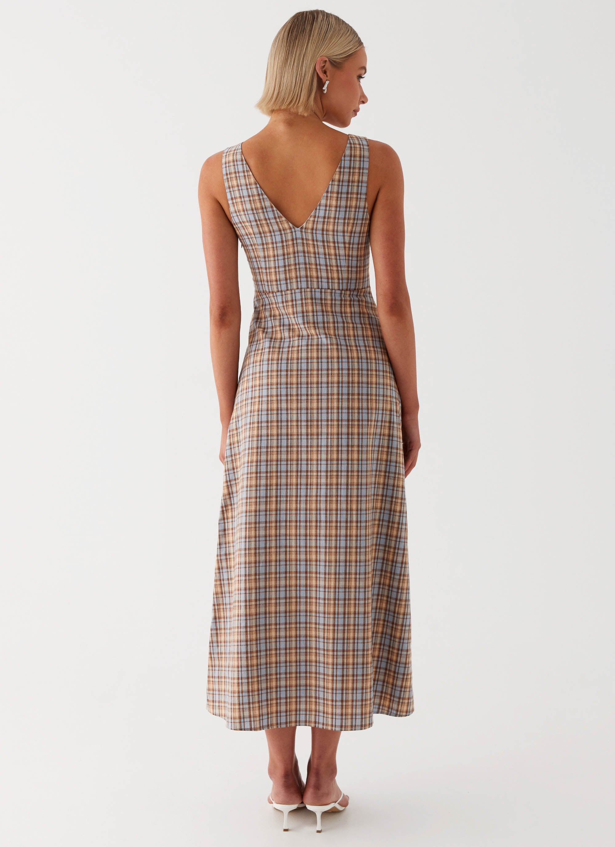 dutch ruched checked midi dress by paper london PAPER London Plaid Print Midi Length Dress - Blue Dresses, Clothing - WPAPE21356