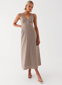 Womens Daphny Gathered Bust Midi Dress in the colour Check in front of a light grey background