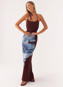 Dayana Halterneck Maxi Dress - Maroon Print