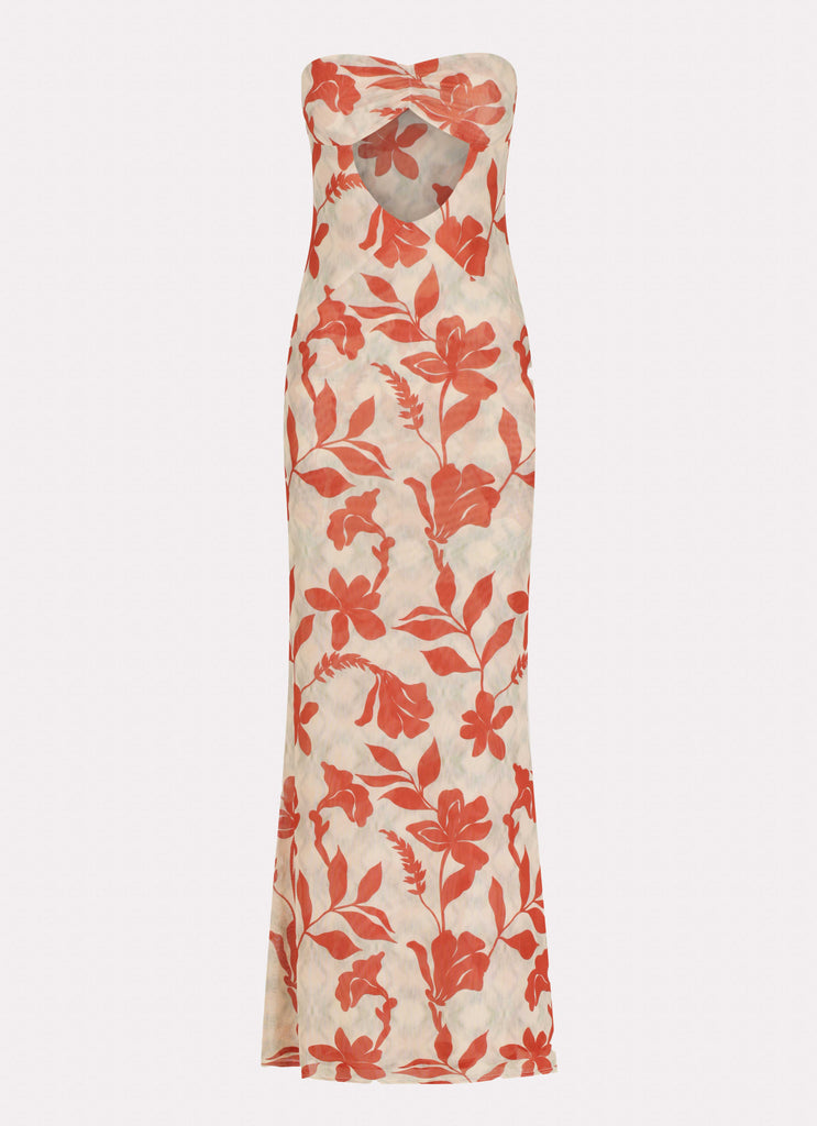 Womens Dearest Maxi Dress in the colour Red Green Floral in front of a light grey background