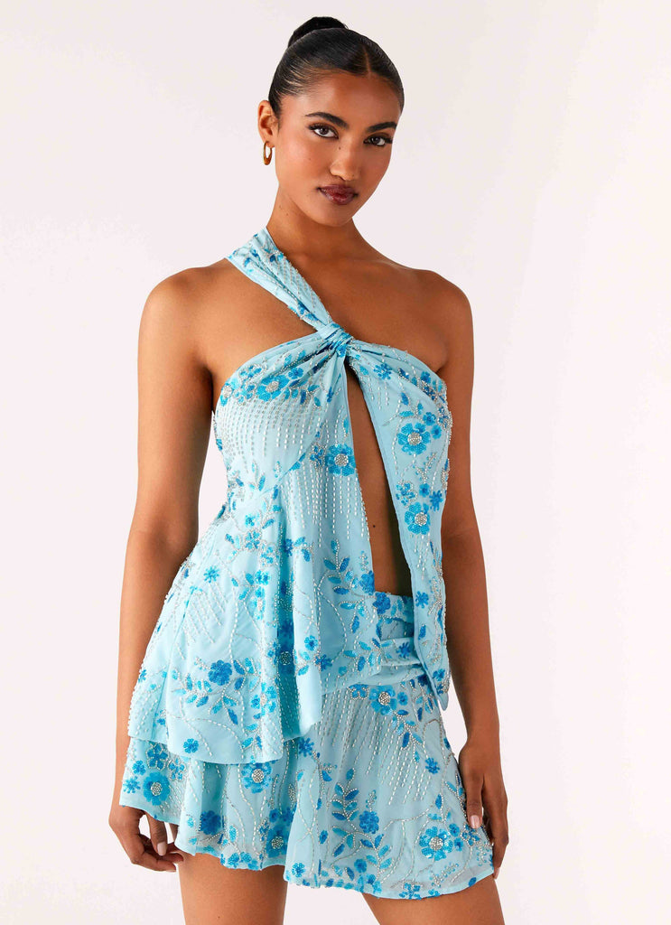 Delight Me Beaded Asymmetrical Top - Blue Delight Me Beaded Asymmetrical Top - Blue