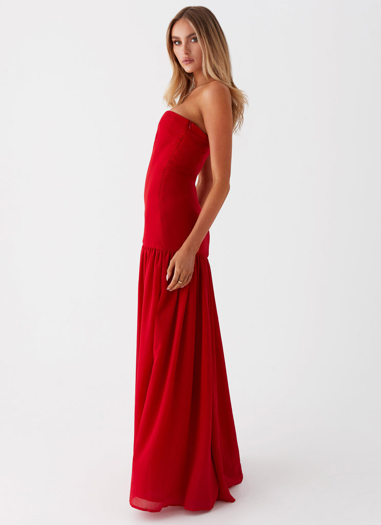 Womens Eden Strapless Maxi Dress in the colour Red in front of a light grey background