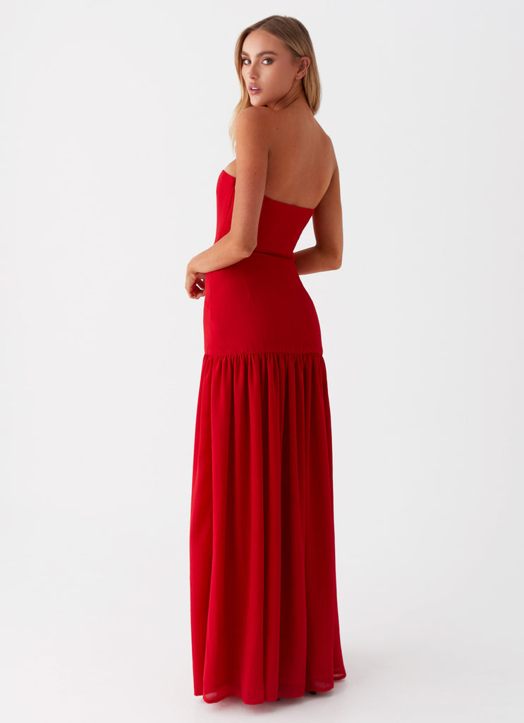 Womens Eden Strapless Maxi Dress in the colour Red in front of a light grey background