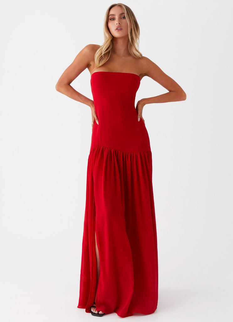 Womens Eden Strapless Maxi Dress in the colour Red in front of a light grey background