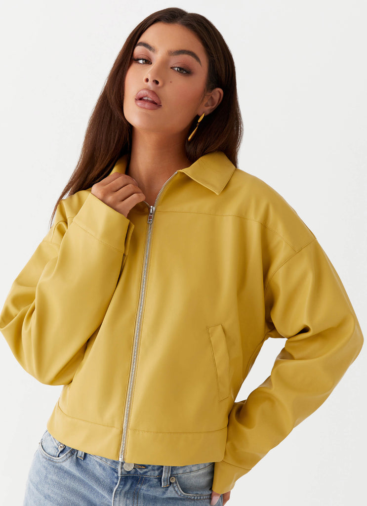 Womens Elara Oversized Jacket in the colour Yellow in front of a light grey background