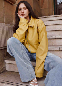 Womens Elara Oversized Jacket in the colour Yellow in front of a light grey background