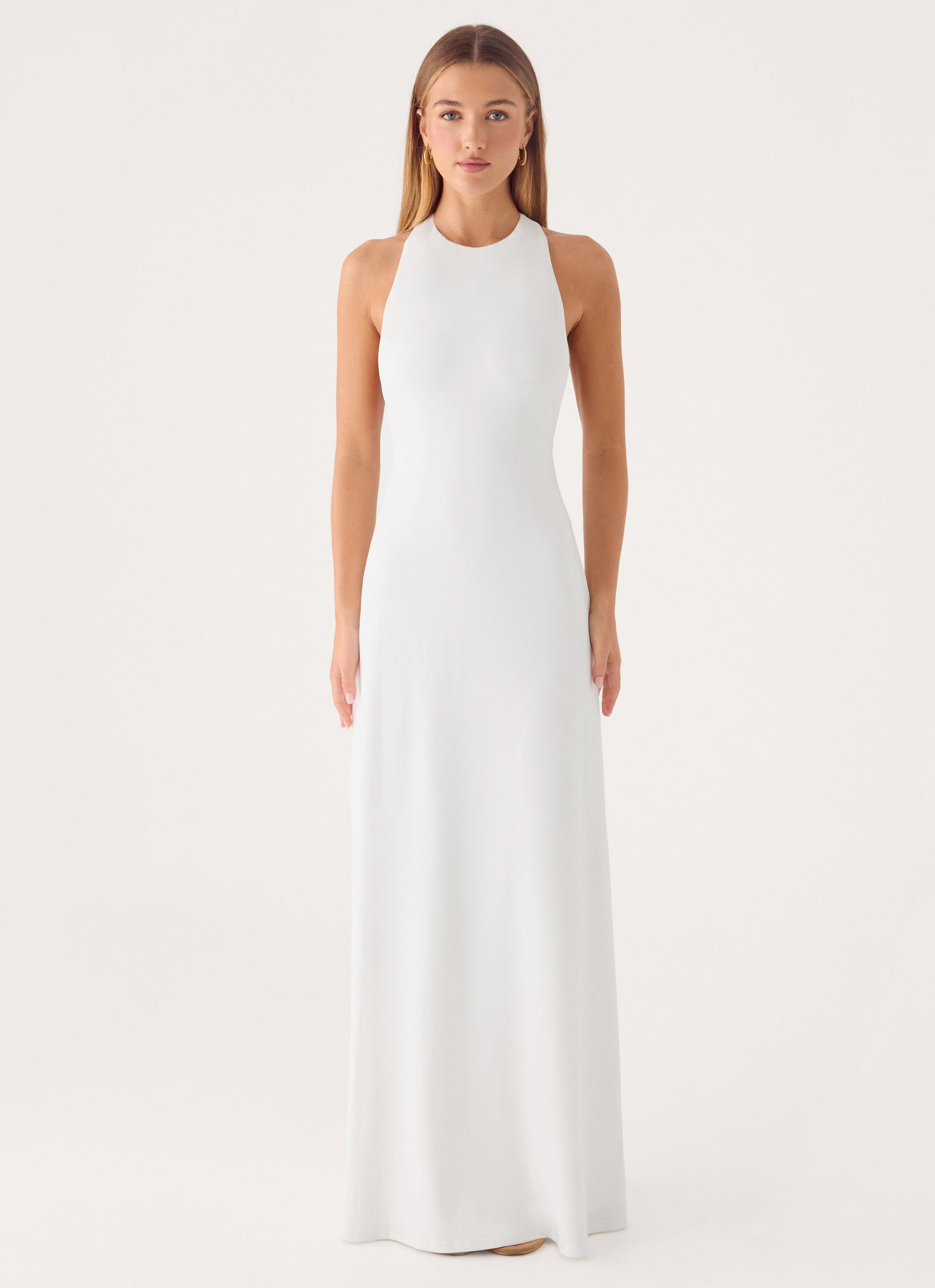 long white cut out dress Elliah Back Maxi Skirt/Dress length type:Longer (Height 163cm & above) Blue and Black Dress Laxmiben-Karamta white heels and a