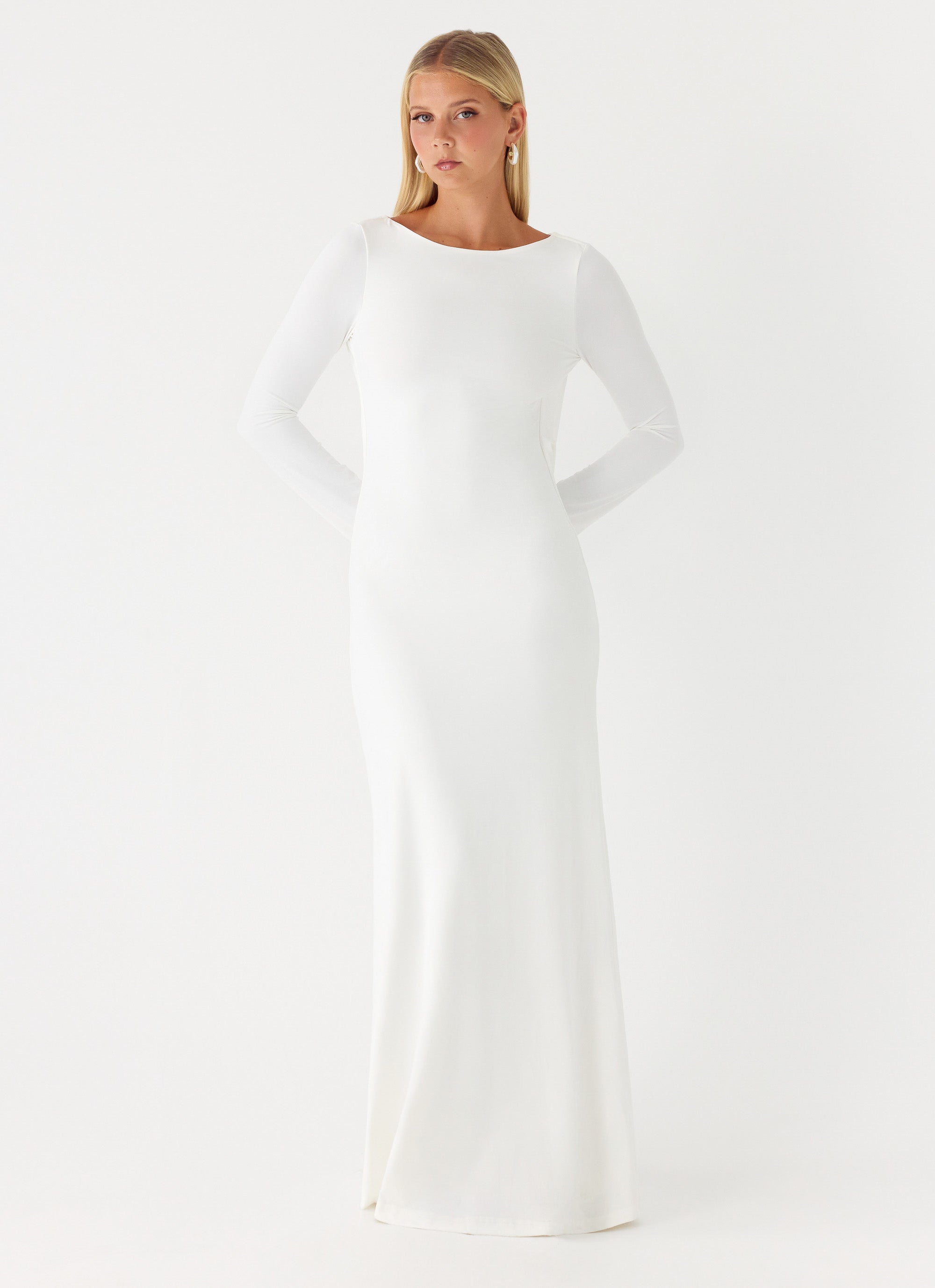 white dress with sleeves Elmont Long Sleeve Maxi Dress