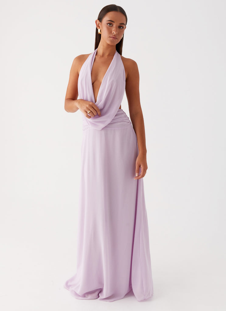 Womens Elysia Chiffon Maxi Dress in the colour Lilac in front of a light grey background