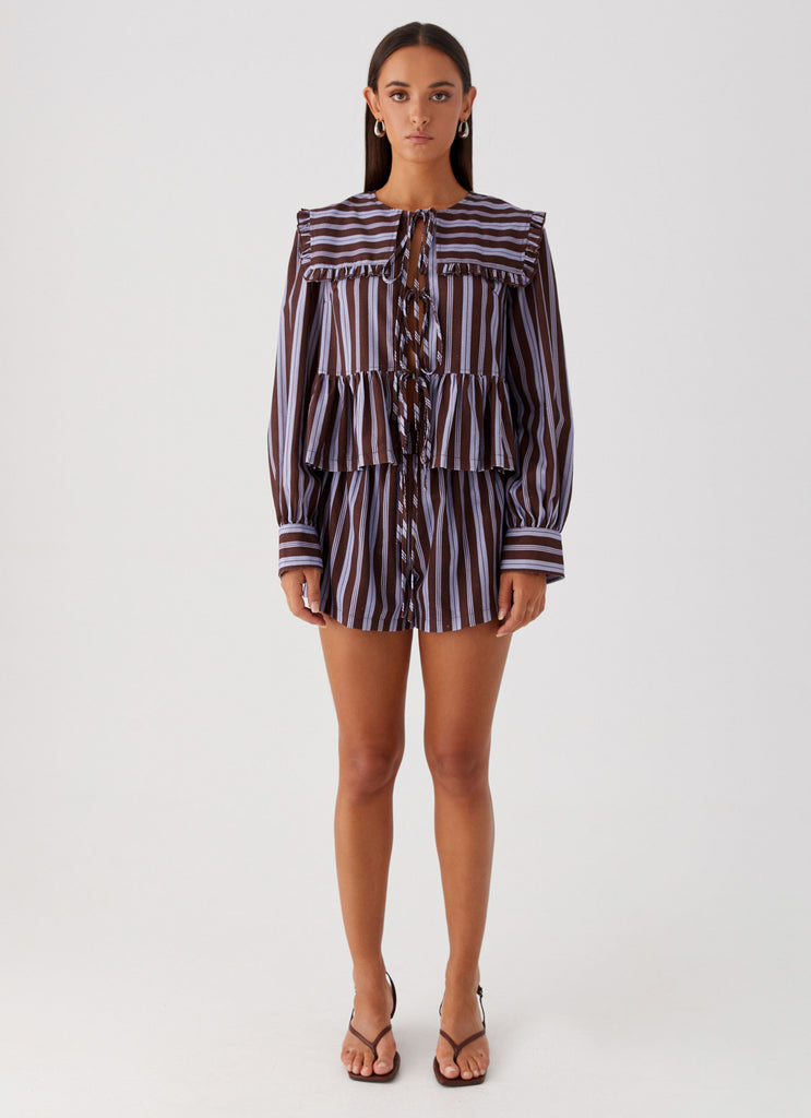 Womens Emerson Tie Front Long Sleeve Top in the colour Purple Brown Stripe in front of a light grey background