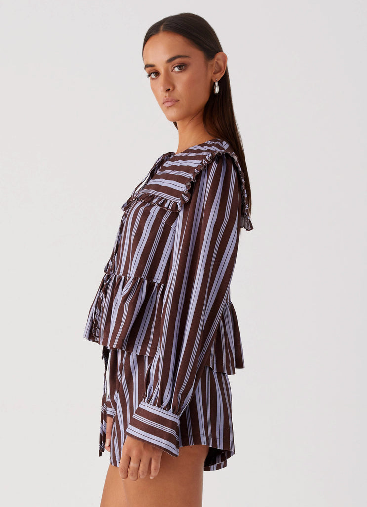 Womens Emerson Tie Front Long Sleeve Top in the colour Purple Brown Stripe in front of a light grey background