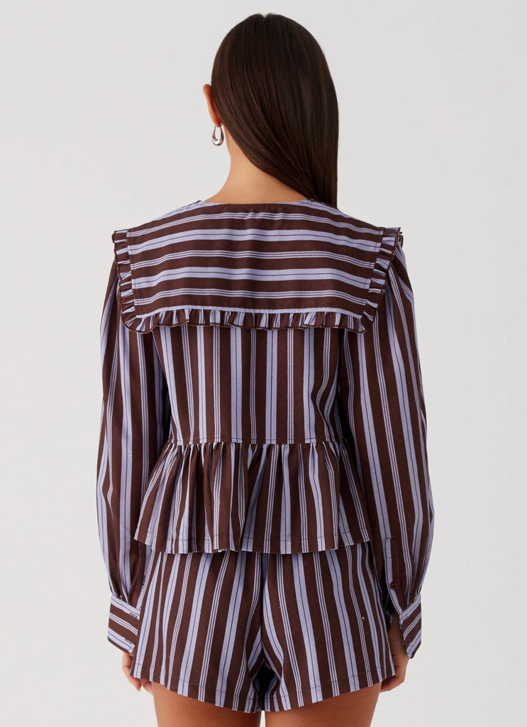Womens Emerson Tie Front Long Sleeve Top in the colour Purple Brown Stripe in front of a light grey background