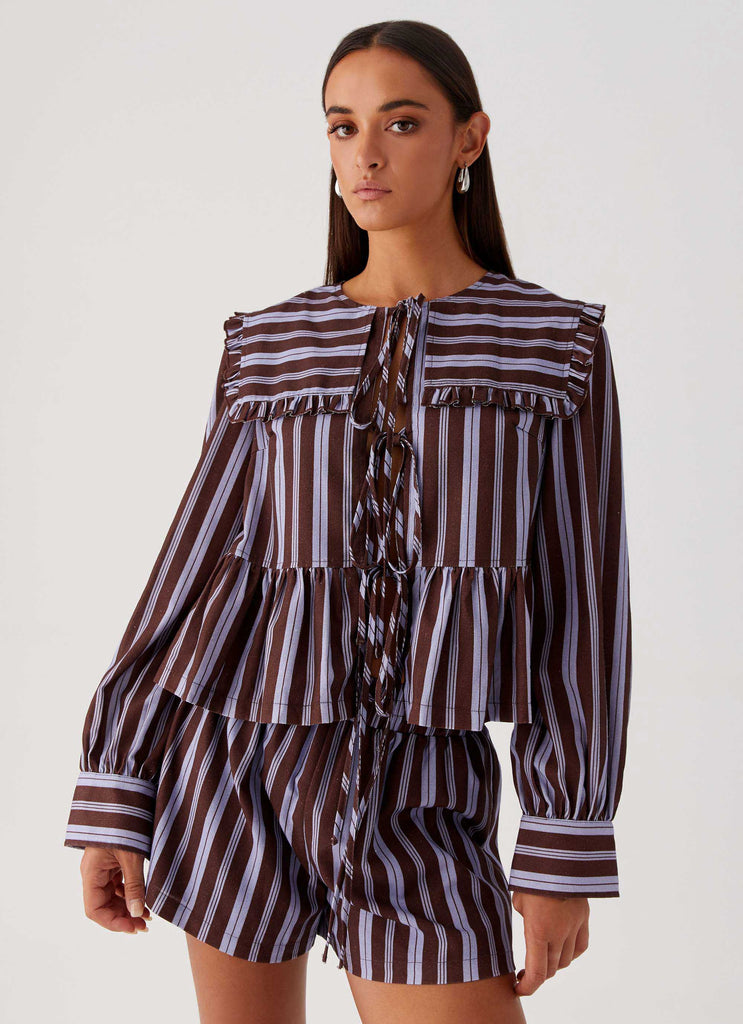 Womens Emerson Tie Front Long Sleeve Top in the colour Purple Brown Stripe in front of a light grey background