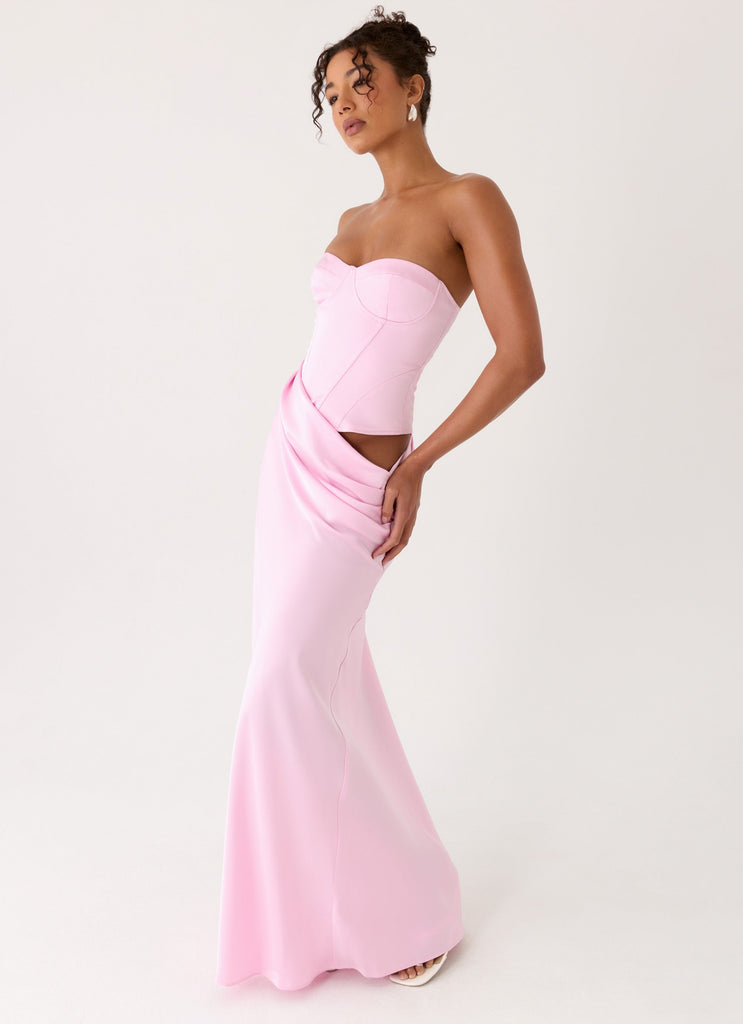 pink dress corset top Pink Strapless Satin Corset Dress With Exposed Boning And Beading