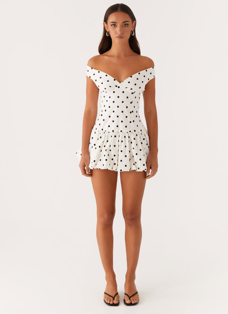 Endless Romance Off Shoulder Mini Dress - White Polka Dot Endless Romance Off Shoulder Mini Dress - White Polka Dot