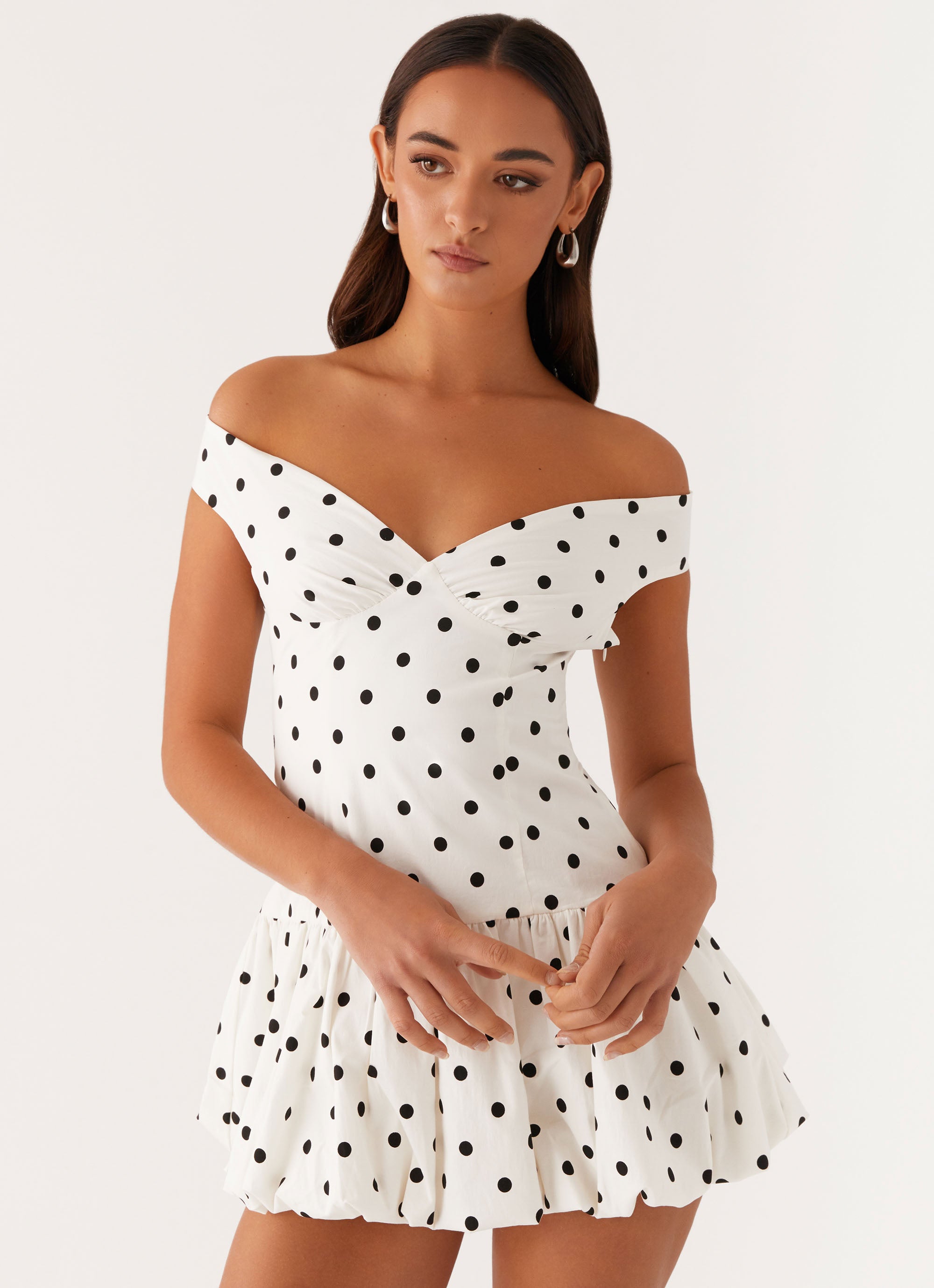 Endless Romance Off Shoulder Mini Dress - White Polka Dot – Peppermayo US