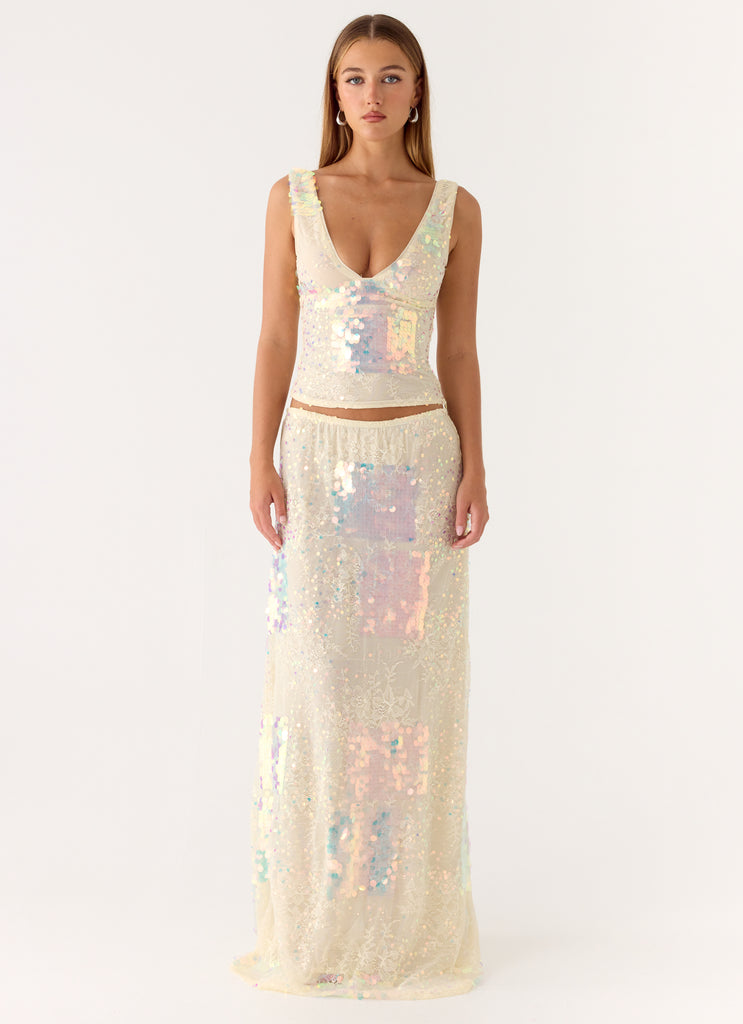 sequin dress skirt retrofete Zevy Dress in Cream,Metallic Gold