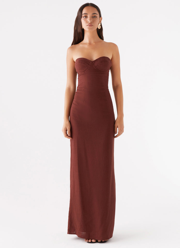 Womens Esra Strapless Maxi Dress in the colour Chocolate in front of a light grey background