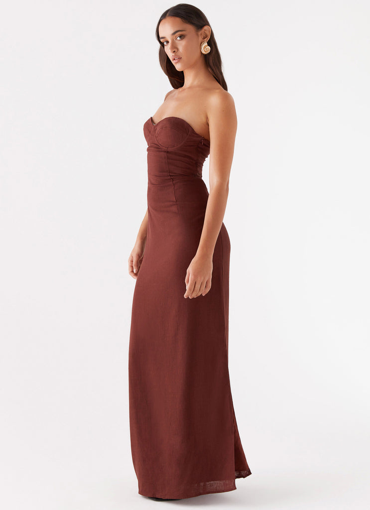 Womens Esra Strapless Maxi Dress in the colour Chocolate in front of a light grey background