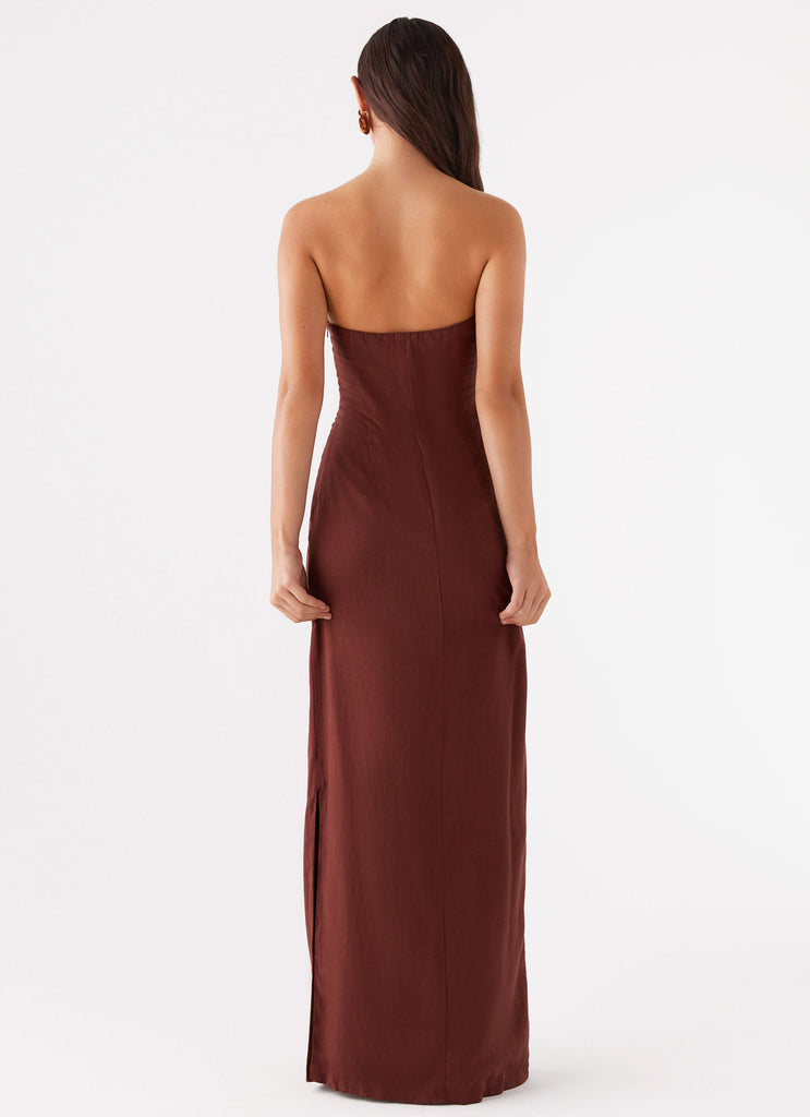 Womens Esra Strapless Maxi Dress in the colour Chocolate in front of a light grey background