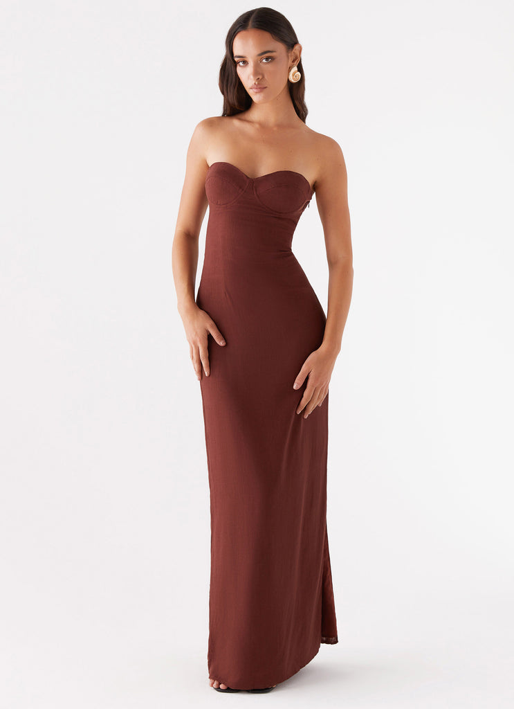 Womens Esra Strapless Maxi Dress in the colour Chocolate in front of a light grey background