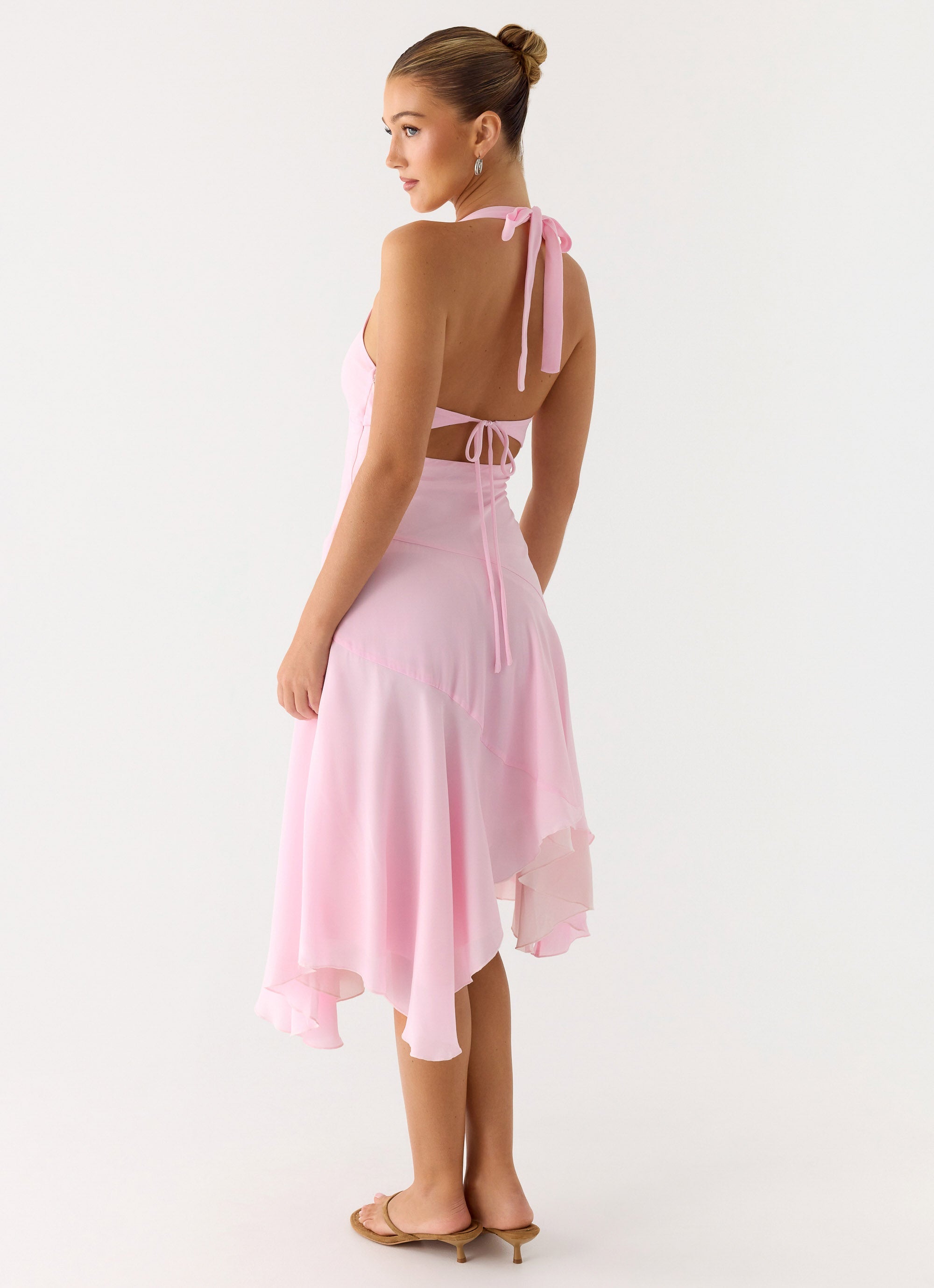 Faelie Halter Neck Asymmetrical Midi Dress - Pink Peppermayo US Faelie Halter Neck Asymmetrical Midi Dress - Pink Peppermayo US