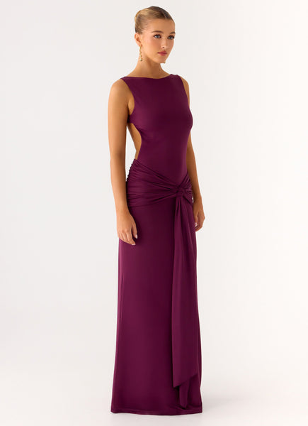 plum maxi dress Lyla Asymmetrical Satin / | MESHKI perfect for seasonal occasions Rush Dress | Fault Line