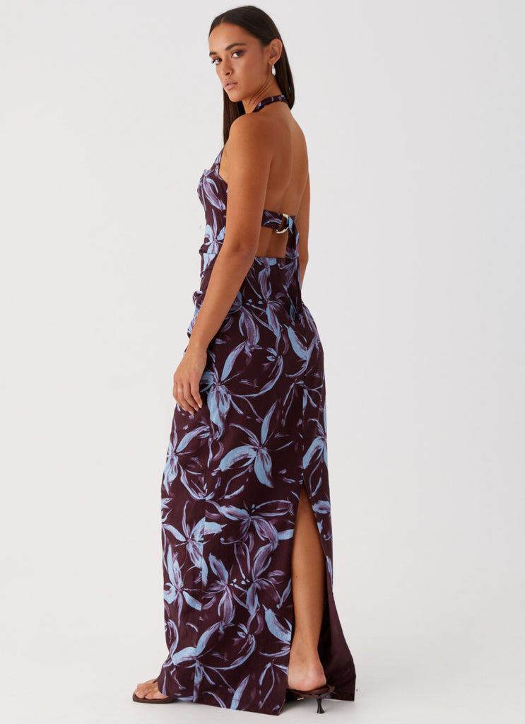 Womens Fauna Halter Maxi Dress in the colour Brown Purple Floral in front of a light grey background
