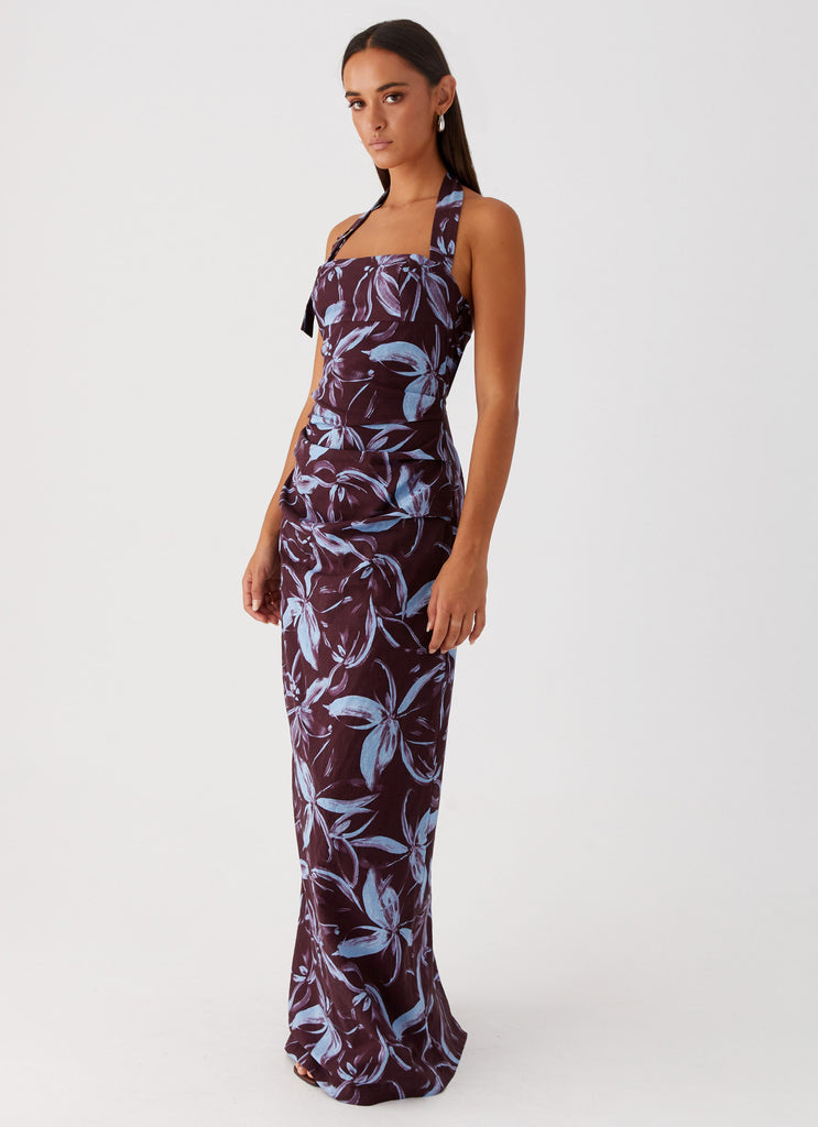 Fauna Halter Maxi Dress - Brown Purple Floral Peppermayo US Fauna Halter Maxi Dress - Brown Purple Floral Peppermayo US