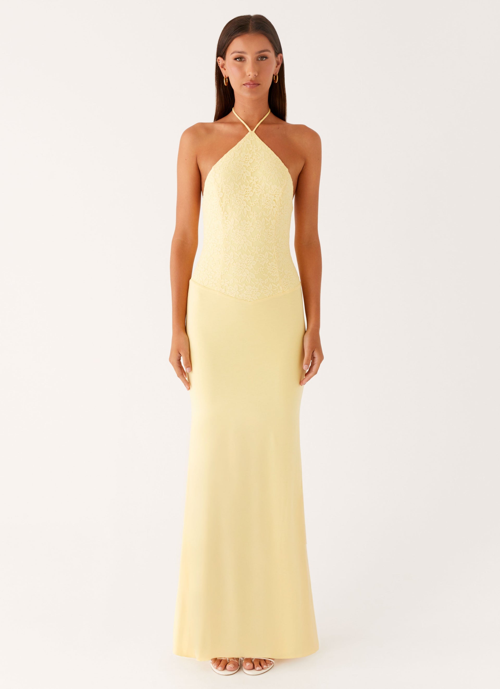 yellow dress halter neck Maxi - Maxi Dress - Backless Maxi Dress button closure) that supports a blousy Satin Halter Neck Dress -