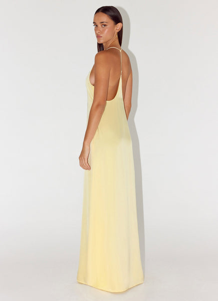 light yellow maxi dress Celebrity Spotlight Size XS from Hello Molly out bodice and open back with gold buckle detail Kenna Yellow Satin Strapless Maxi