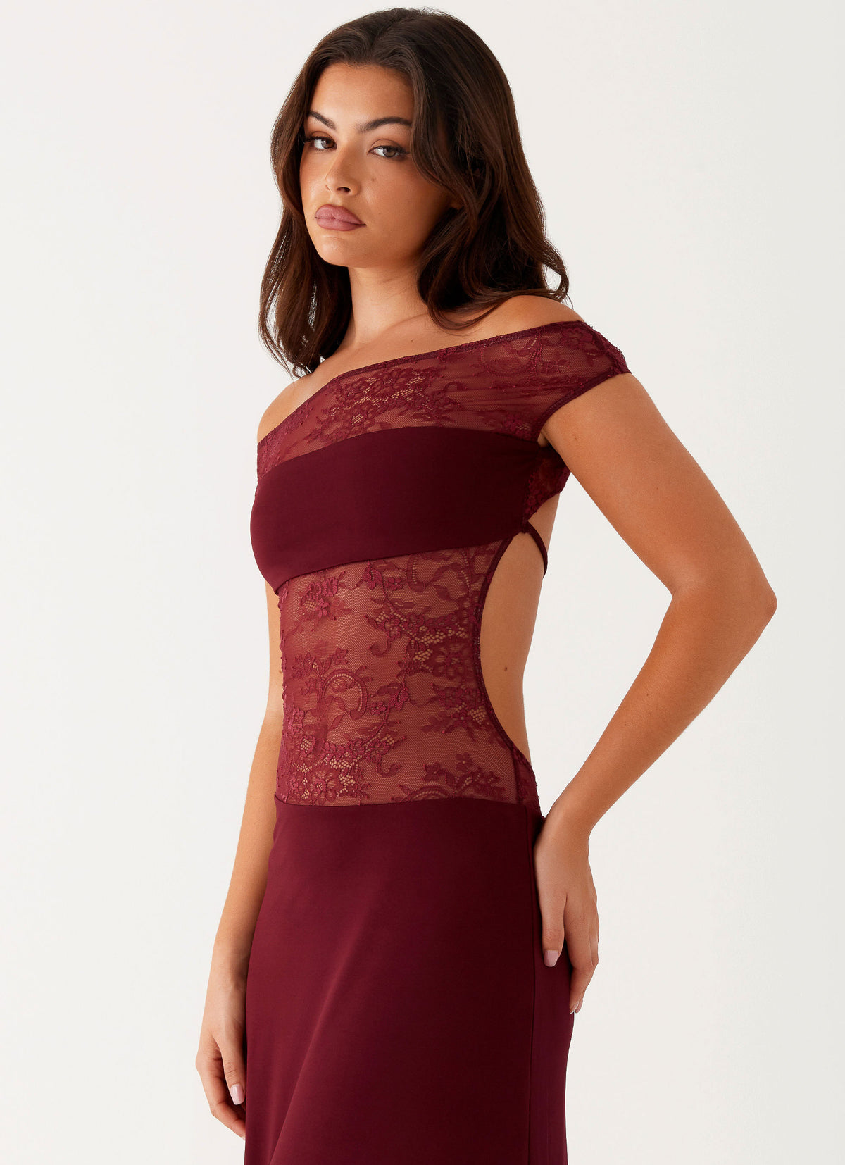 a night in tokyo lace dress burgundy from shoulder to hem A Night In Tokyo Lace