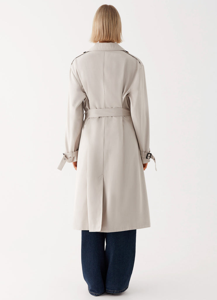 Womens Frenchy Oversized Trench Coat in the colour Stone in front of a light grey background