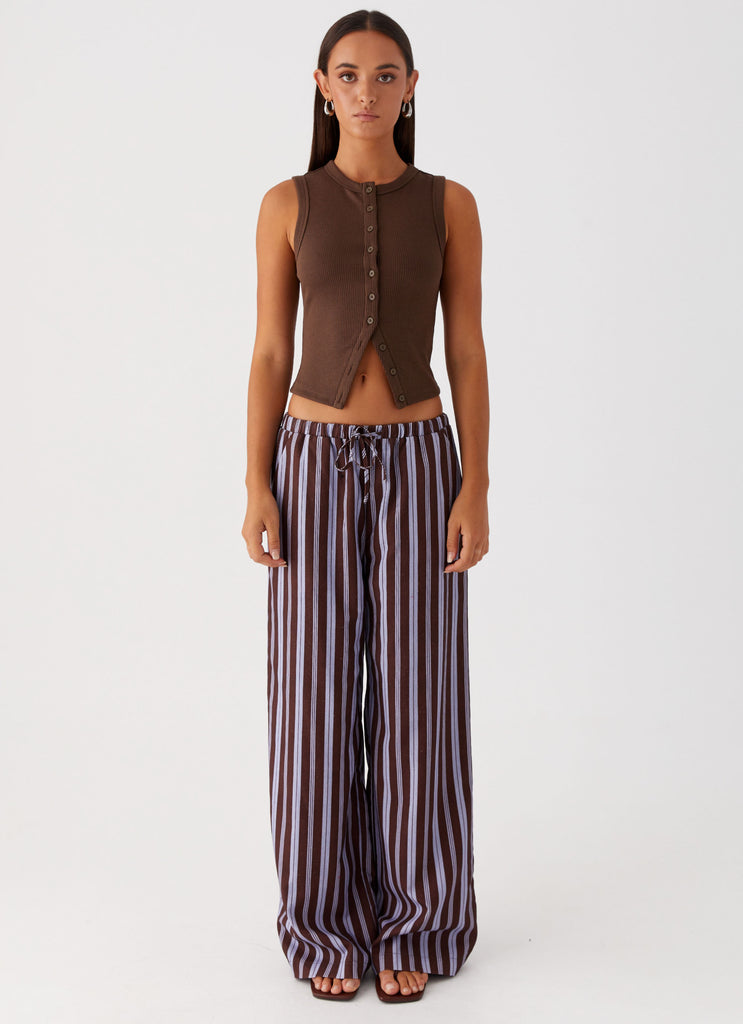 Womens Fresh Face Linen Pants in the colour Purple Brown Stripe in front of a light grey background