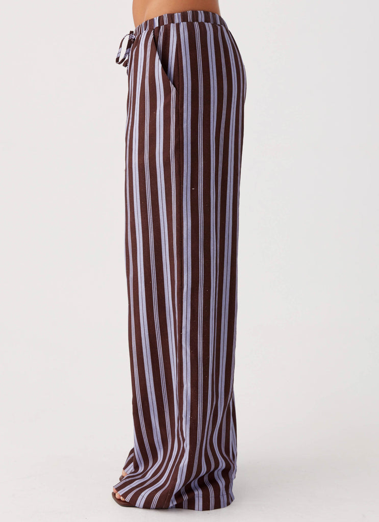 Womens Fresh Face Linen Pants in the colour Purple Brown Stripe in front of a light grey background