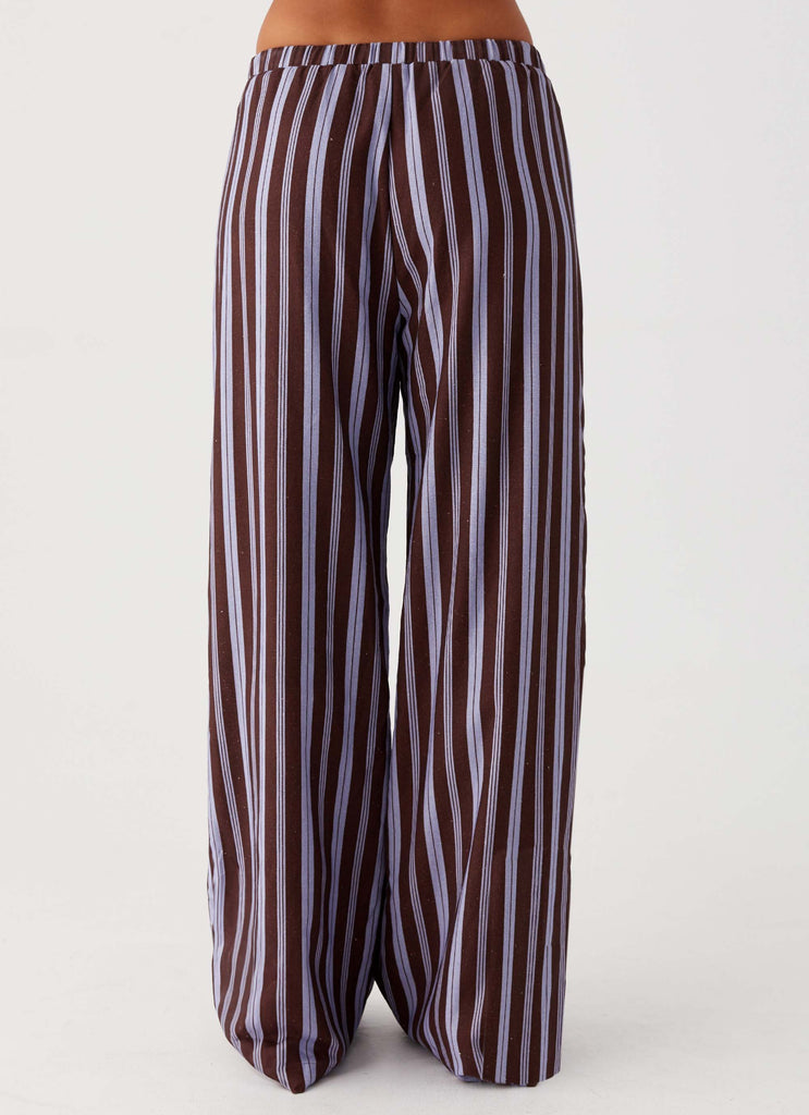 Womens Fresh Face Linen Pants in the colour Purple Brown Stripe in front of a light grey background