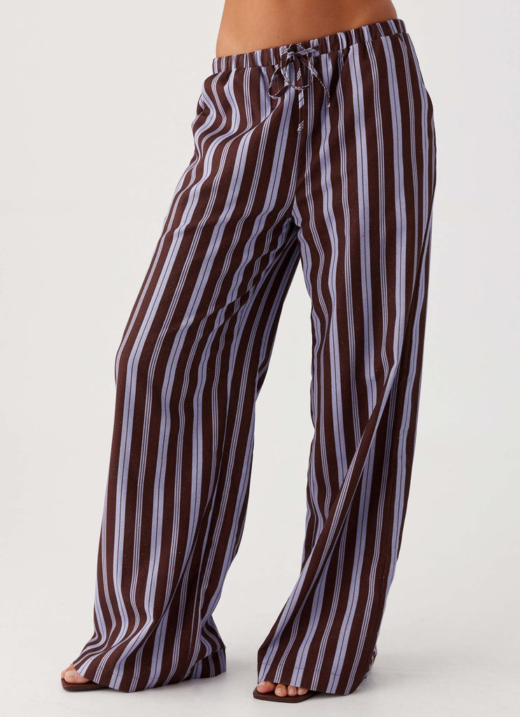 Womens Fresh Face Linen Pants in the colour Purple Brown Stripe in front of a light grey background