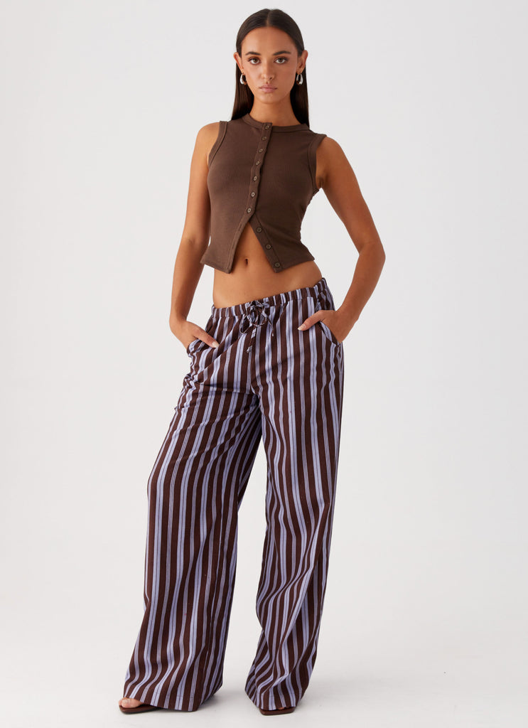 Womens Fresh Face Linen Pants in the colour Purple Brown Stripe in front of a light grey background