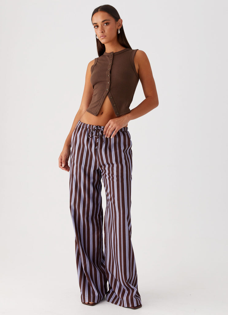 Womens Fresh Face Linen Pants in the colour Purple Brown Stripe in front of a light grey background