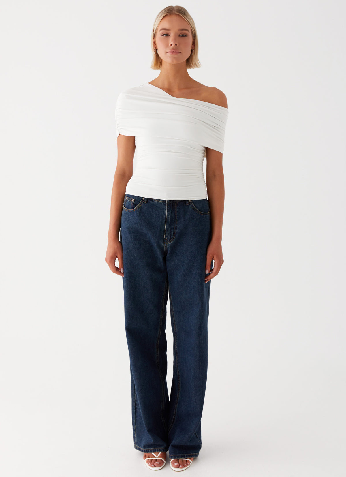Womens Gabbie Off Shoulder Top in the colour White in front of a light grey background